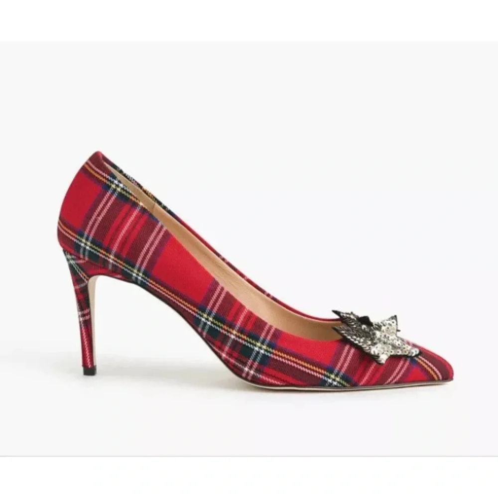 J.Crew Lucie Pump Tartan Star Sequins Red Plaid Sz 8 NWOB